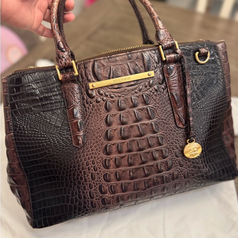 Brahmin Embossed Satchel in Rich Brown